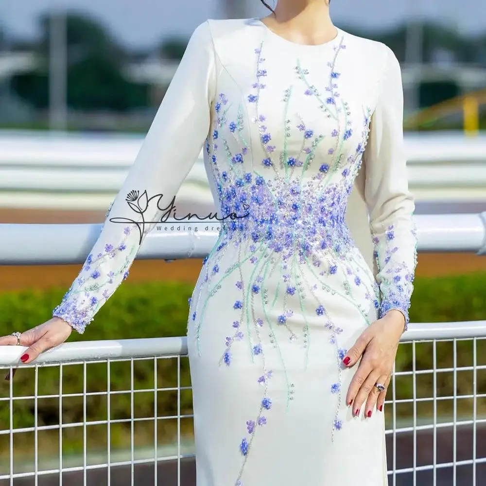 Customized A-line Evening Dresses Floor-length O-neck Full Sleeve Prom Gown Fashion Flowers Sequined Simple Draped view 4