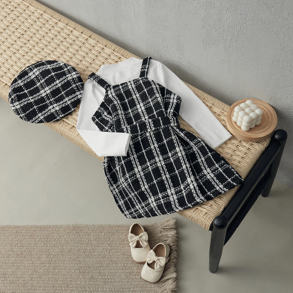 

BeQeuewll Kids Girls Fall Outfit Spring Fall Long Sleeve Turtleneck T-shirt with Belted Plaid Overall Dress and Hat 4-7 Years