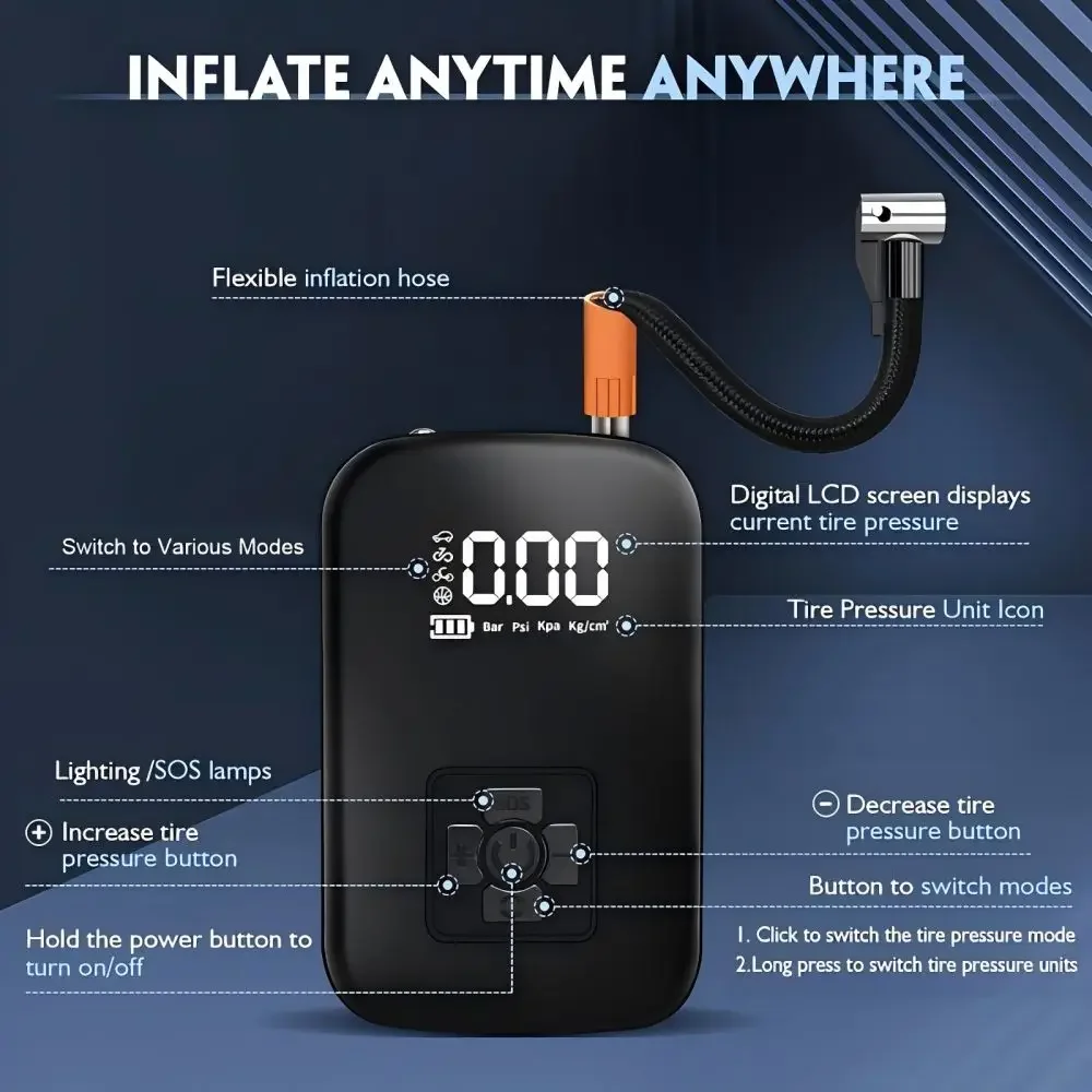 Electric portable car fast inflation air pump, wireless car air compressor air pump, wireless bicycle tire inflation pump