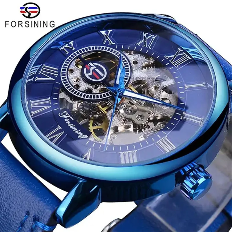 Forsining 99A Hollow Engraving colors Leather Factory Direct Selling Skeleton Mechanical Hand Wind Watches Men  Heren Horloge