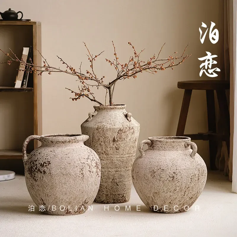 Jingdezhen wabi terroir clay pot coarse pottery ornament retro old homestay bogu frame high-end pure handmade ornament