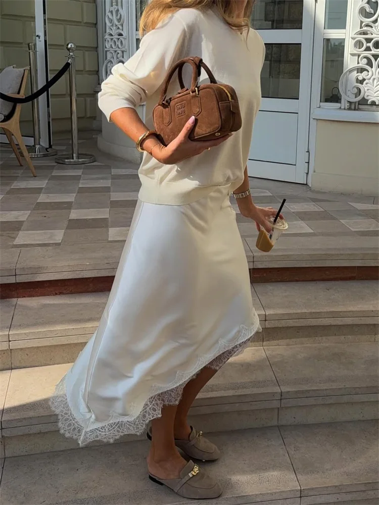 Tossy White Lace Patchwork Long Skirt For Women Slim High Waist Elegant Commute Printed Party Looks Clothes Female Maxi Skirts