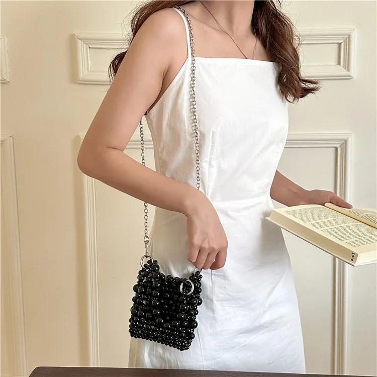 Handheld Pearl Bag, 2024 Summer New Fashion Perforated Chain Bag, Crossbody Beaded Woven Bag