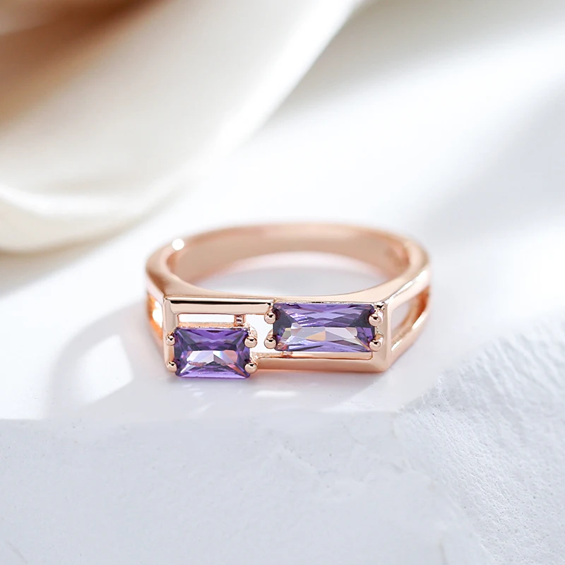 JULYDREAM Prong Inlay Purple Zircon Hollow Geometric Rings for Women 585 Gold Color Light Luxury Jewelry Party Daily Accessories