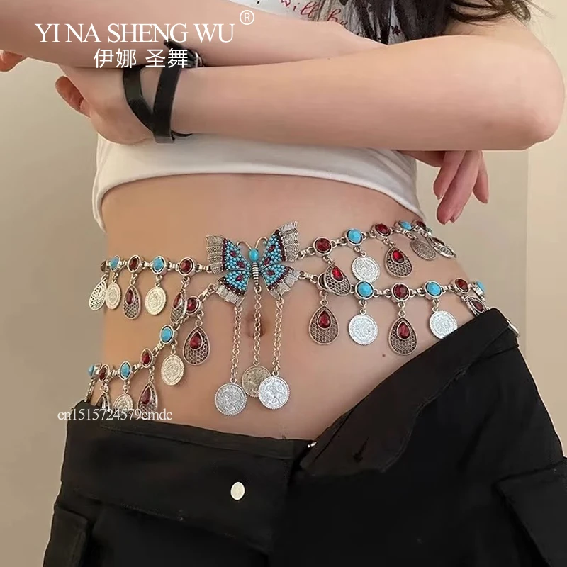 Monedas de aleación Vintage, cadenas largas con borlas para la cintura, accesorios para actuación de danza del vientre, cinturones de danza india, joyería Bohemia Vintage para el cuerpo