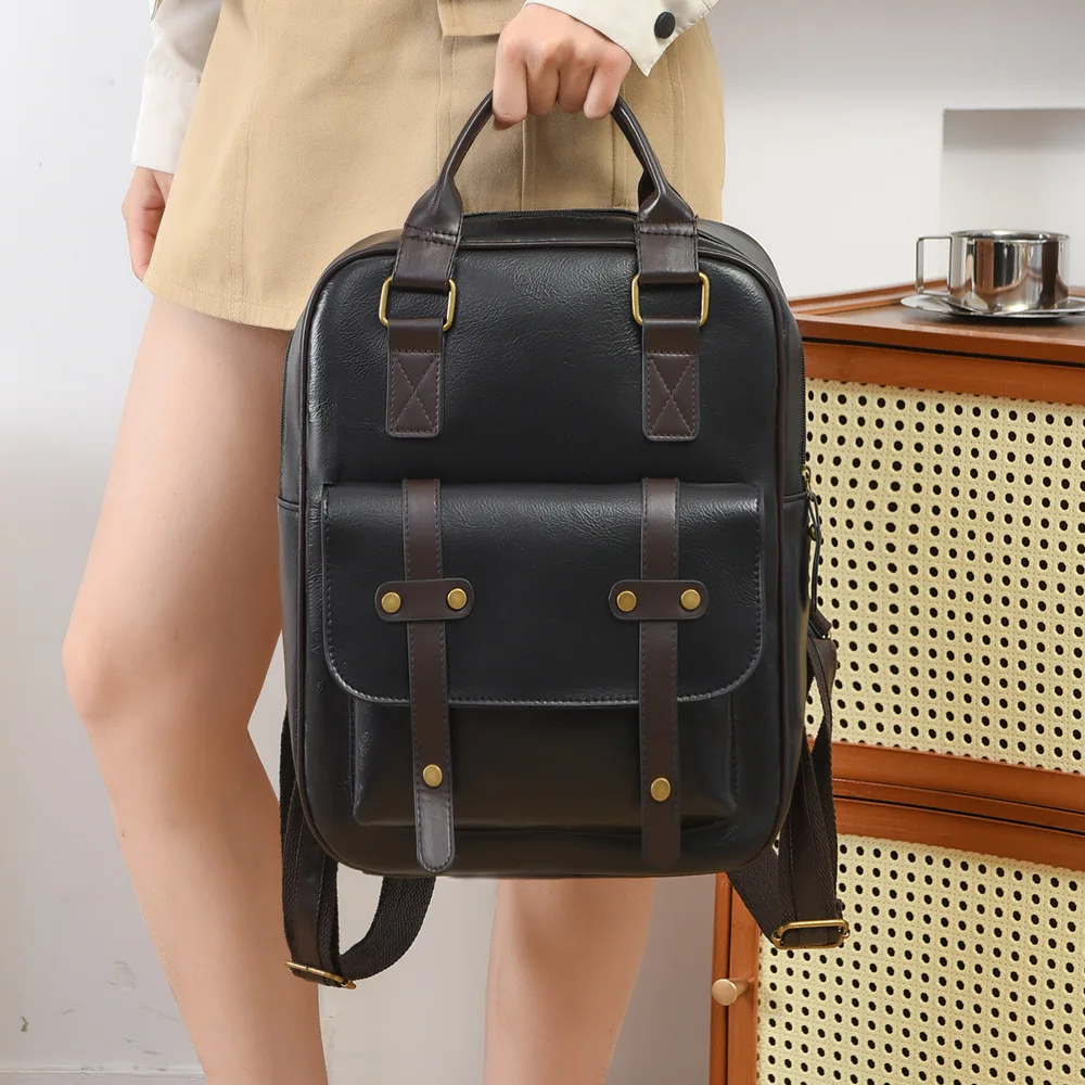 Picture 4: Durable pu leather retro men's backpack, multi-functional large-capacity 14-inch computer storage lock travel backpack
