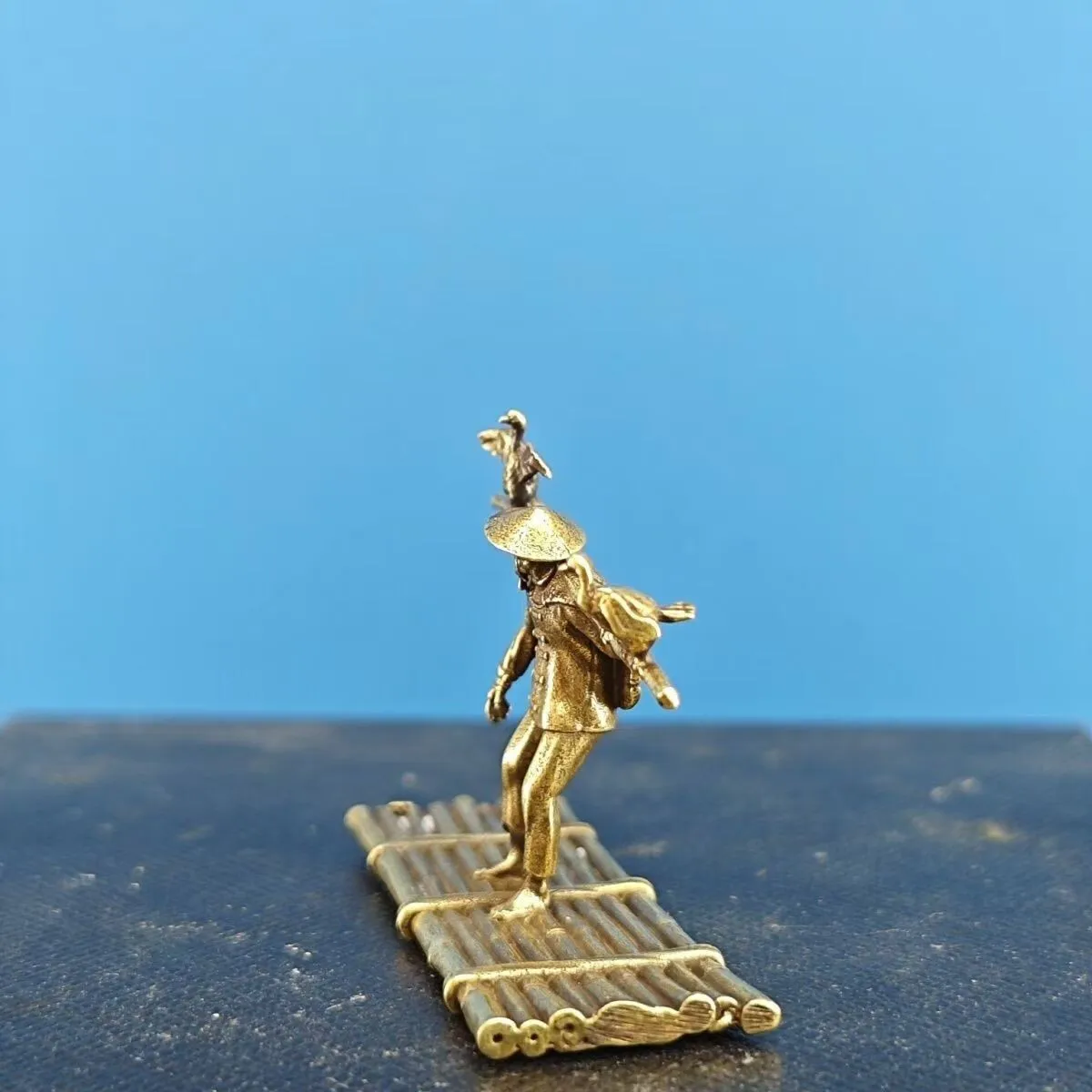 Pure copper bamboo raft fishing man cormorant micro landscape decoration
