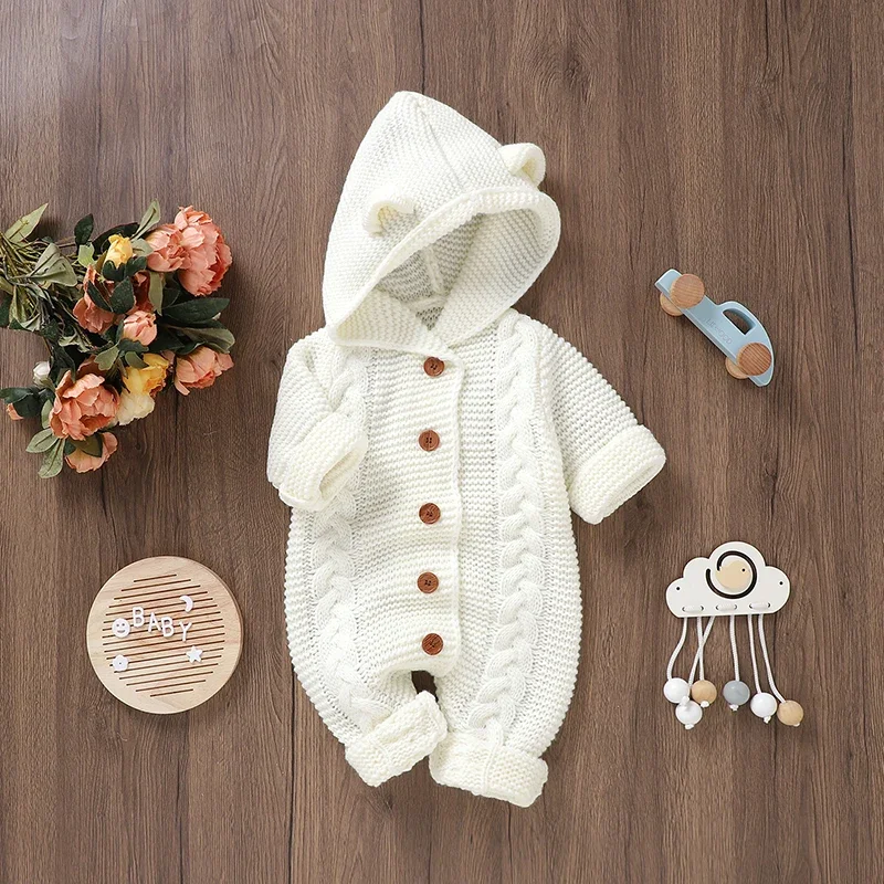 Infant Baby Romper Long Sleeve Newborn Girl Boy Jumpsuit Fashion Hooded Kid Children Solid Clothes 0-18M Knitted Overalls Autumn