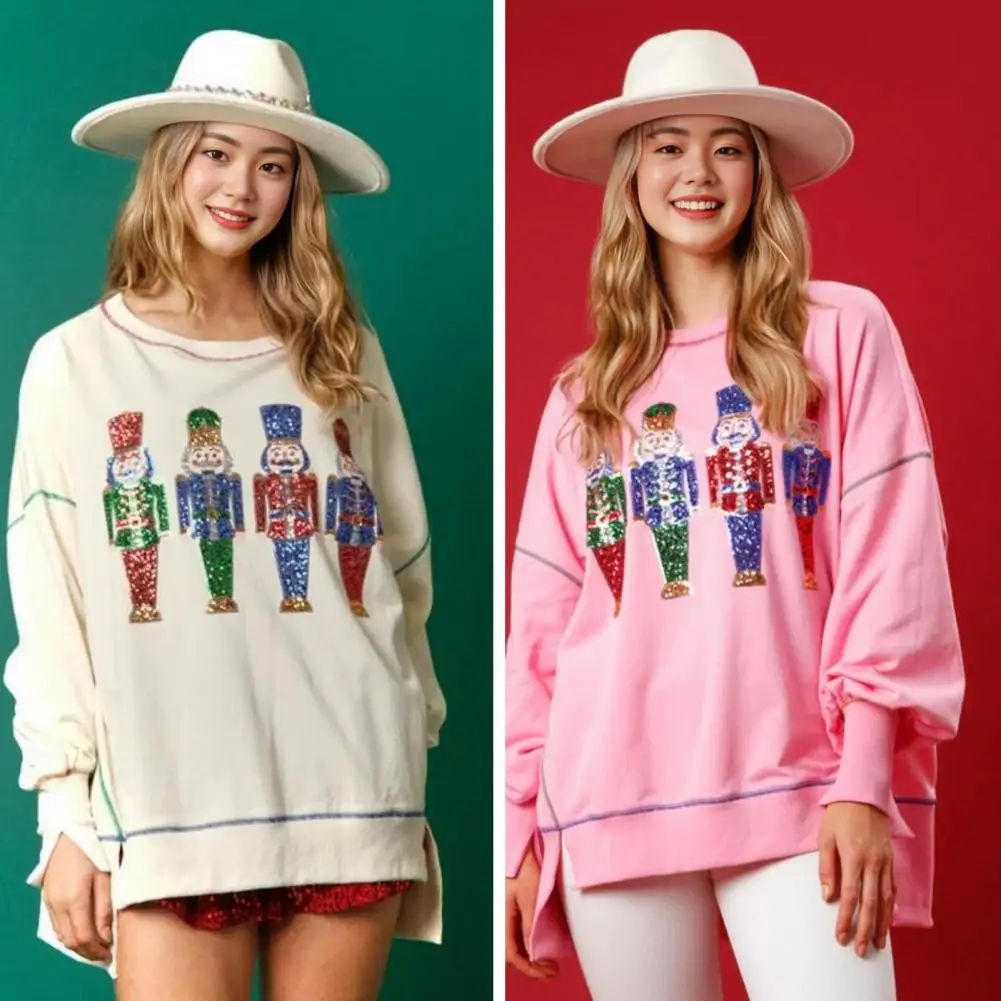 Sequin Christmas Sweatshirt Sequin Cartoon Pattern Women's Sweatshirt with Slit Hem Round Neck Long Sleeves Christmas for New