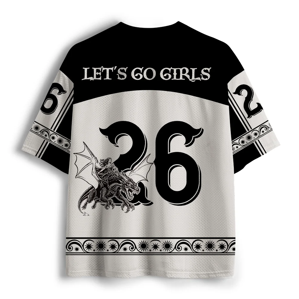 Let's Go Girls Dragon Rider Knight Print V-neck Mesh Jersey, Retro Black White Line Art Graphic Short Sleeve Tee