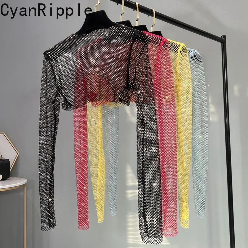 Blingbling Shiny Colored Diamond Crop Pullover Top New Spring Summer Long Sleeve Mesh Sunscreen Camisole Hollow Out Women Tshirt