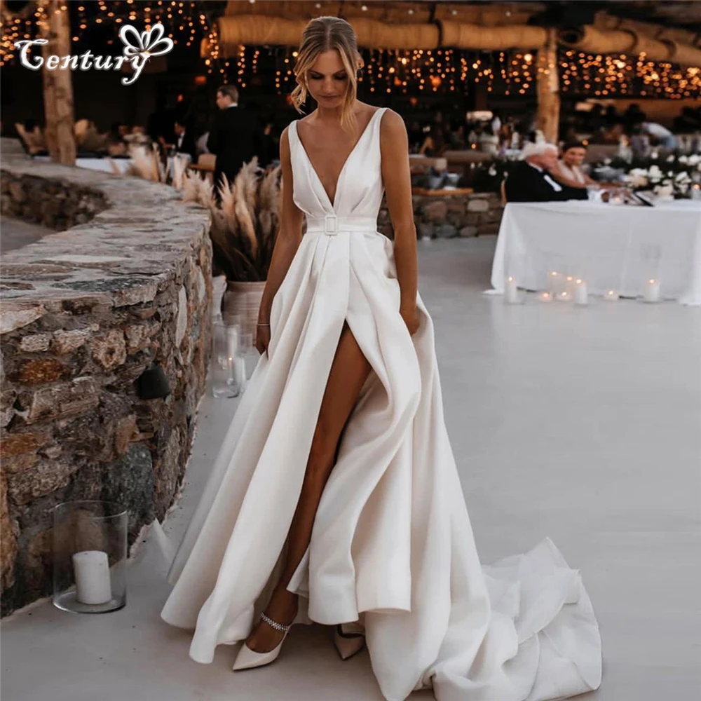 Satin Wedding Dress for Women 2024 High Slit Deep V Neck Backless A-Line Rustic Bride Dresses Bridal Gowns Customized