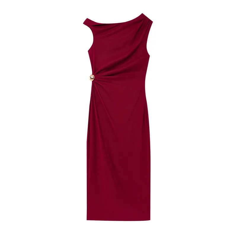 

2025 new summer slim linen blended pleated midi skirt dress 2840709