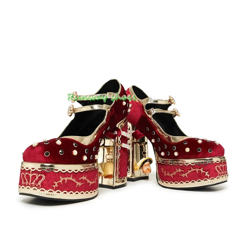 Christmas Red Velvet  Women's Shoes Round toe Chunky Heel Beaded Decorations Rhinestone-Studded Women's Shoes  Single Shoes