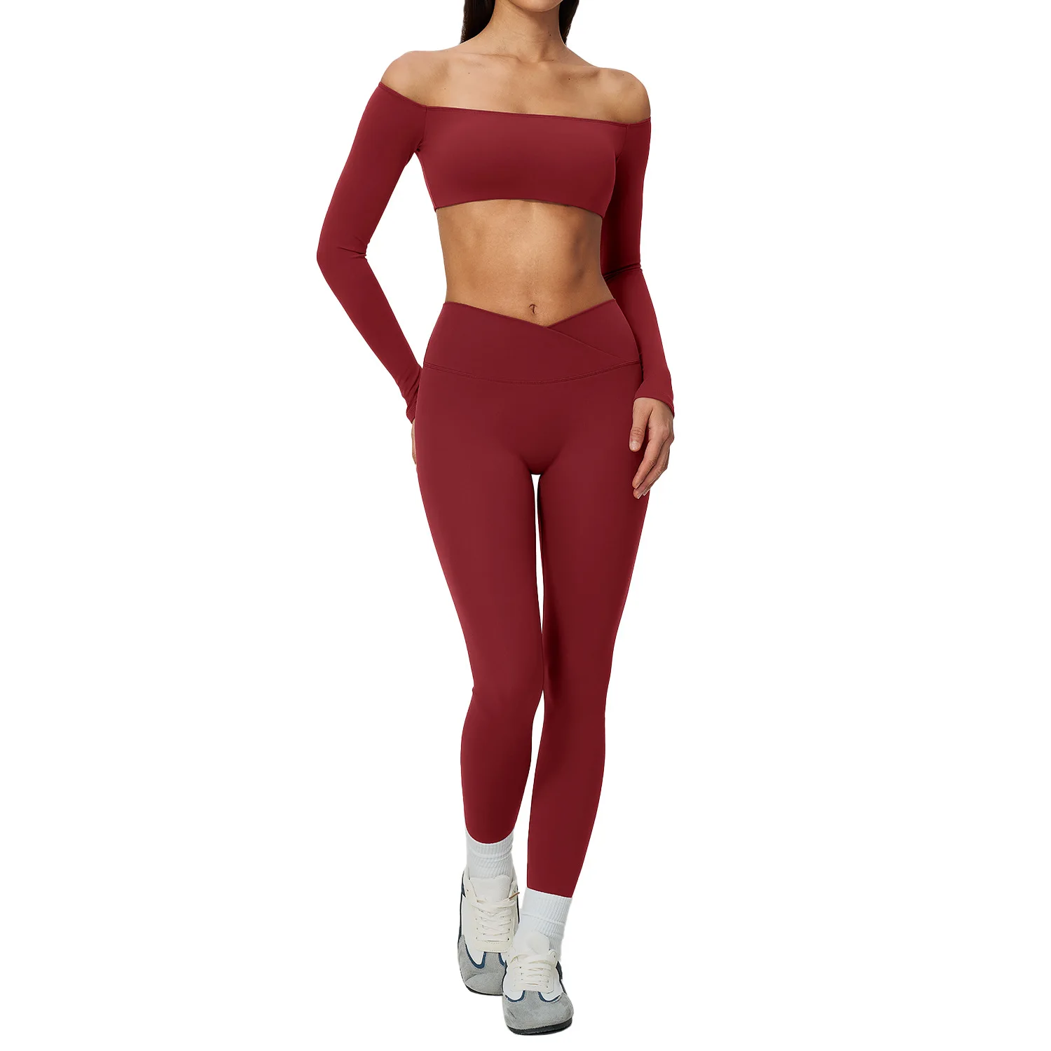 Women 2Pcs Yoga Set Off Shoulder Long Sleeve Crop Top Cross V Waist Scrunch Butt Leggings Gym Fitness Pilates Nude Feel Activewe