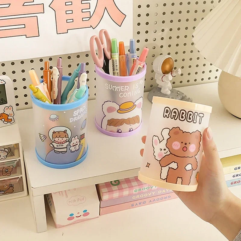 Kawaii Cartoon Pen Holder Desktop Organizer INS Transparent Pencil Case Cosmetics Brush Storage Box Home Decoration Accessories