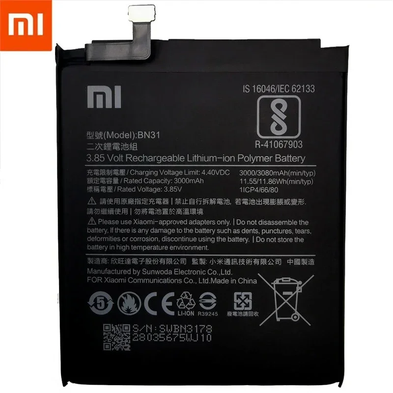 100% Original 3080mAh BN31 Battery with Temperature sensor For Xiaomi Mi 5X Mi5X \ Redmi Note 5A 5A pro Mobile Phone Batteries