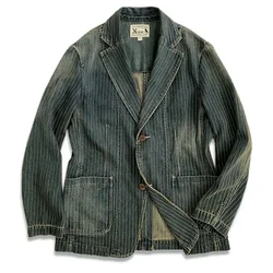 Amekaji Wear Clothes Men Cotton Striped Denim Casual Suit Jacket Retro Washed Distressed Niche Good Quality