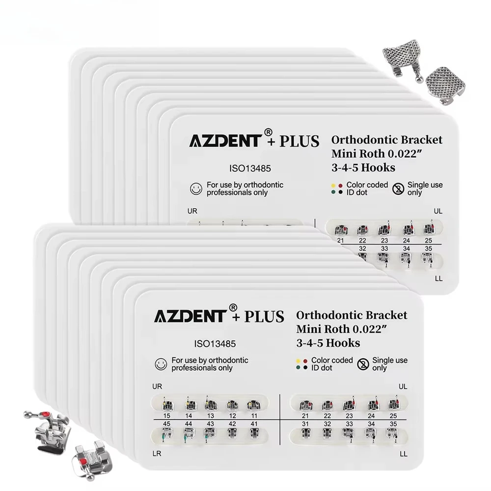 AZDENT 20 Packs=400Pcs PLUS Dental Orthodontic Metal Brackets Braces Mesh Base Mini/Standard Roth/MBT 022/018 with 3/345 Hooks