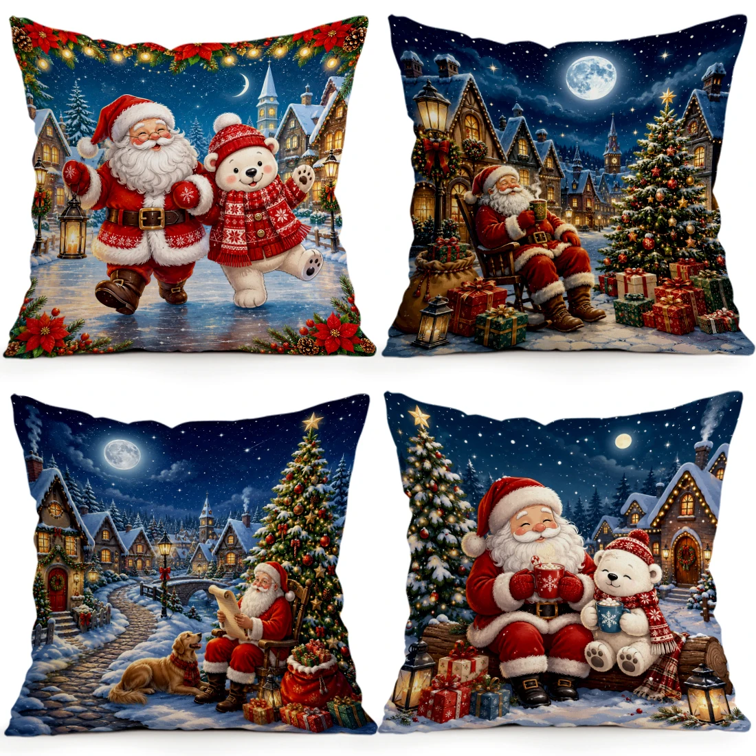 Fairy Tale Christmas Town Night Scene Cushions Pillowcase Polyester Cushion Cover Throw Pillow Pillowcover Home Car Sofa Decor