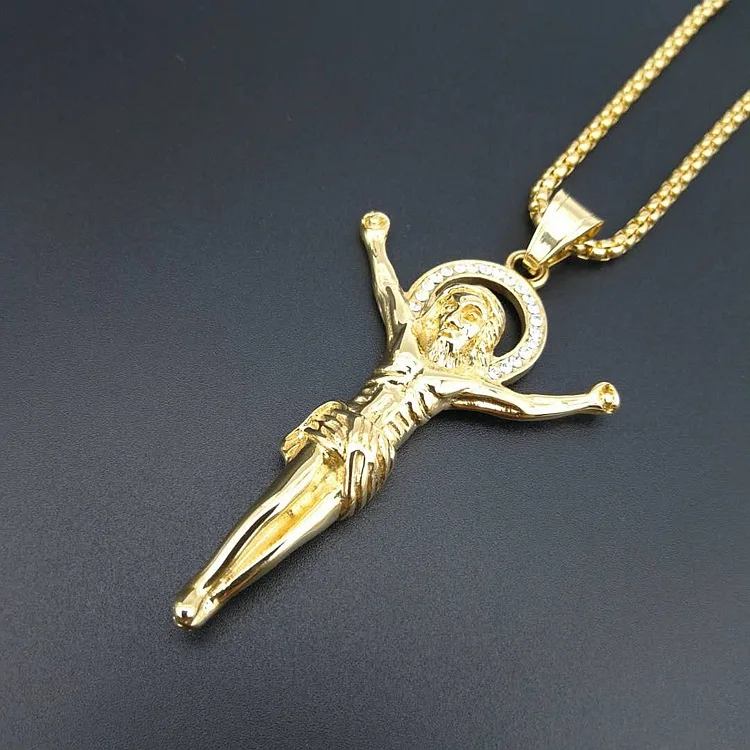 316L Stainless Steel Necklace Chain Gold Color Christian Jewelry Jesus Crucifix Men\'s Cross Pendant Necklace For Men