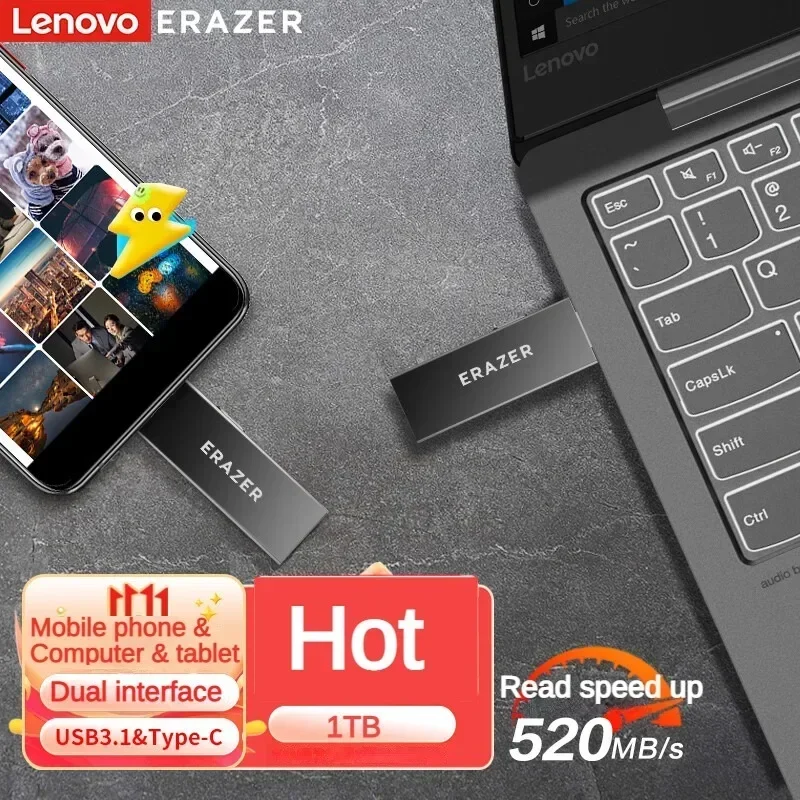 Lenovo Erazer 1Tb Type-C Usb3.1 F700 Solid State Usb Flash Drive Grey Dual Interface Office Bid Grote Capaciteit Usb Flash Drive