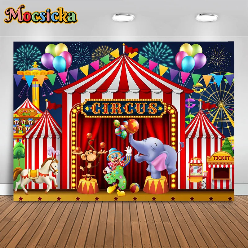 Mocsicka Happy Birthday Kids Photography Background Circus Theme Clown Animal Show Backdrop Cake Smash Photo Banner Props