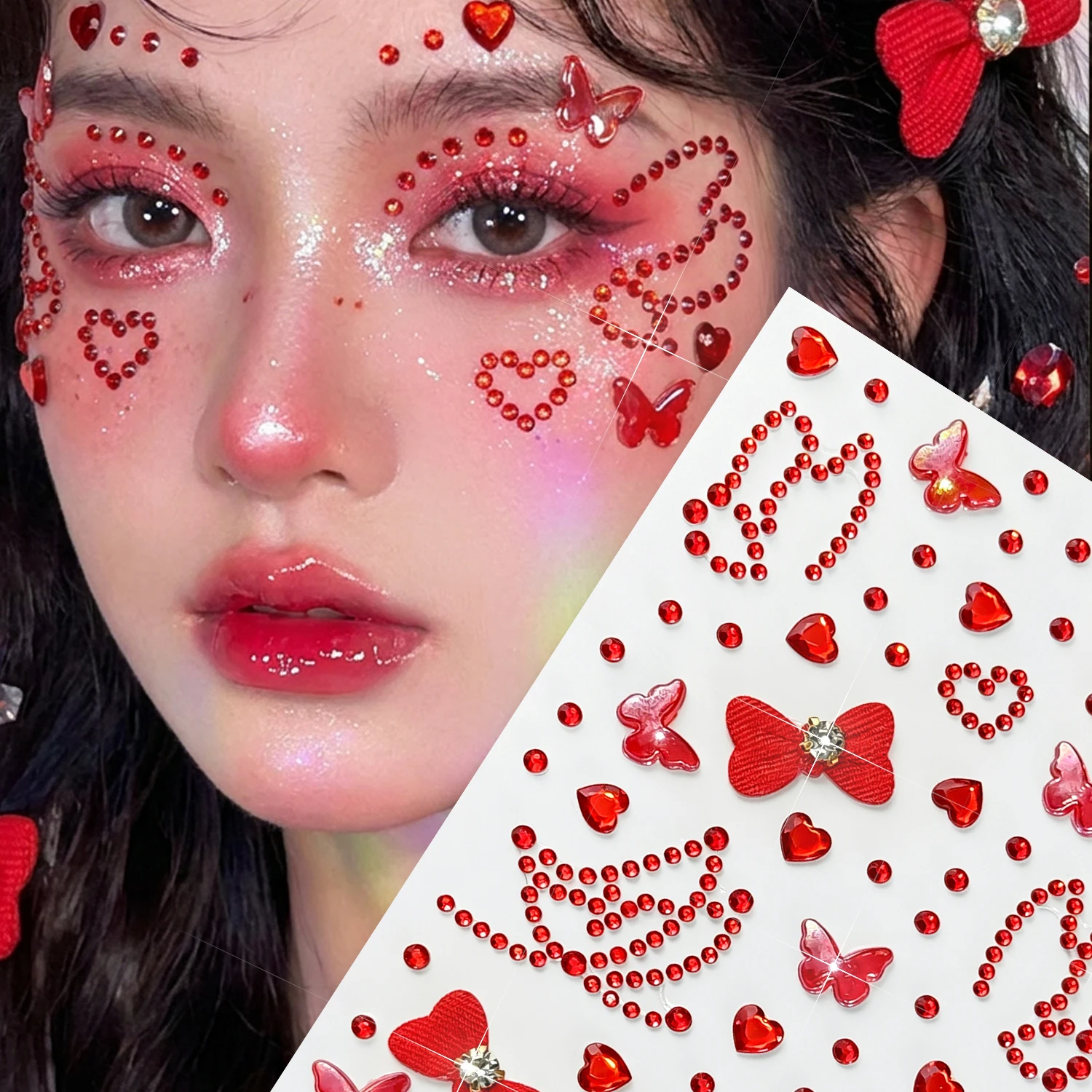 1Pcs 3D Red Heart Butterfly Face Gems Stickers Bowknot Love Rhinestones Self-Adhesive Fake Tattoos for Eyes Body Makeup Decor nk