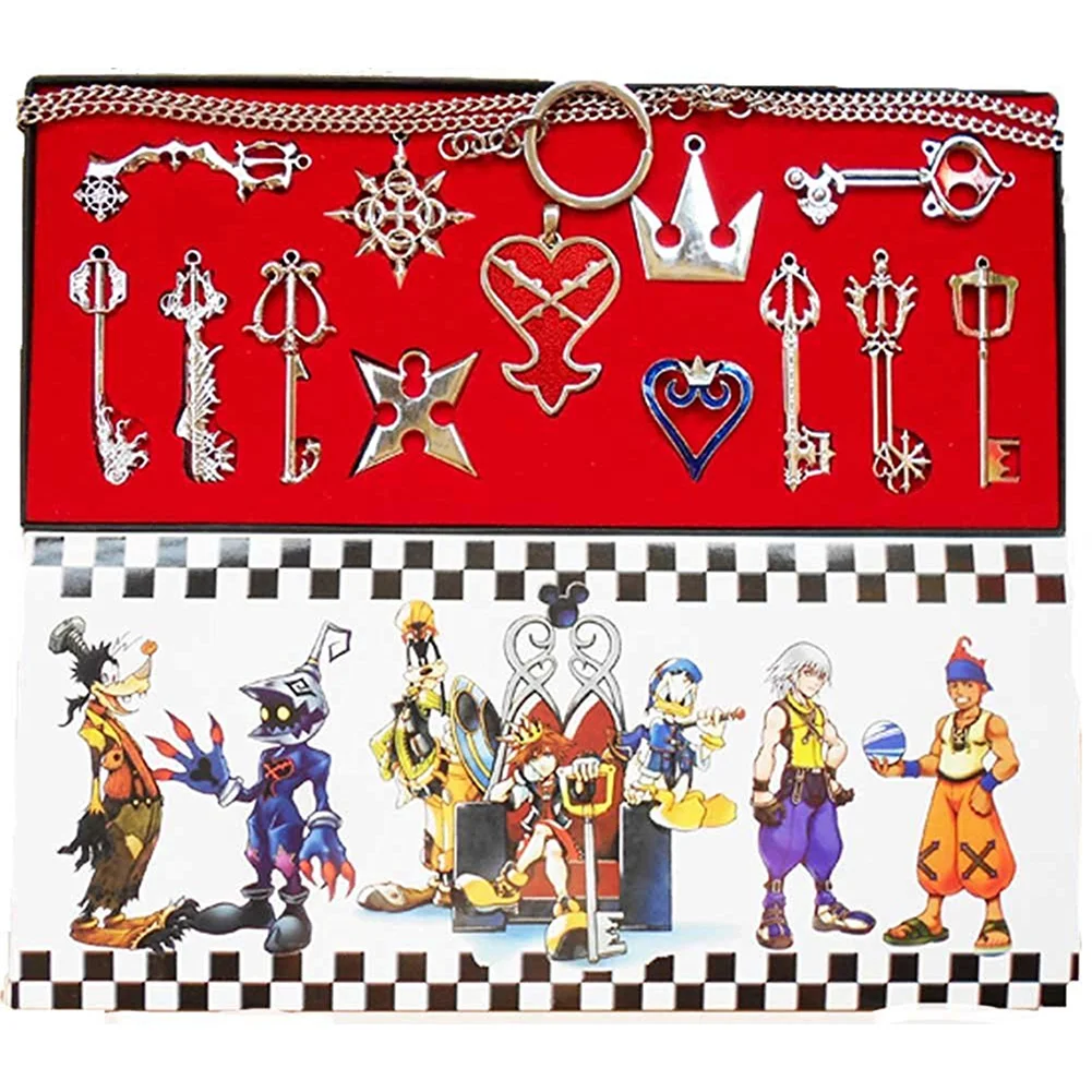 13Pcs/Box Anime Game Heart of Kingdom 2 II Jewelry Necklace Keyrings KH2 Roxas Pendant Keys Set Gold Silver Costume Accessories