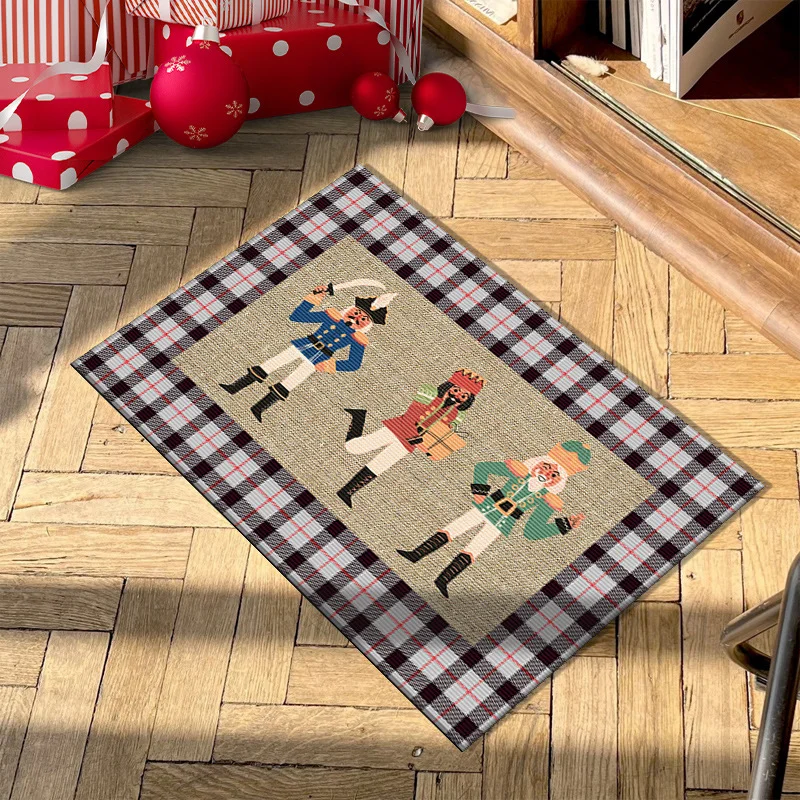 VIKAMA Nutcracker Doormat, Two Christmas Nutcracker Dolls Door Mat, Plaid Edge Welcome Mat for Front Door, Holiday Decor