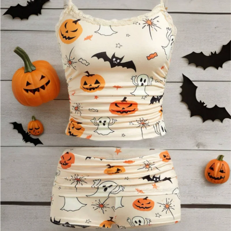 

Halloween Printed Lace Pajama Set Home Wear Two-piece Sleeveless Halter Top Shorts Suit Pajamas for Women