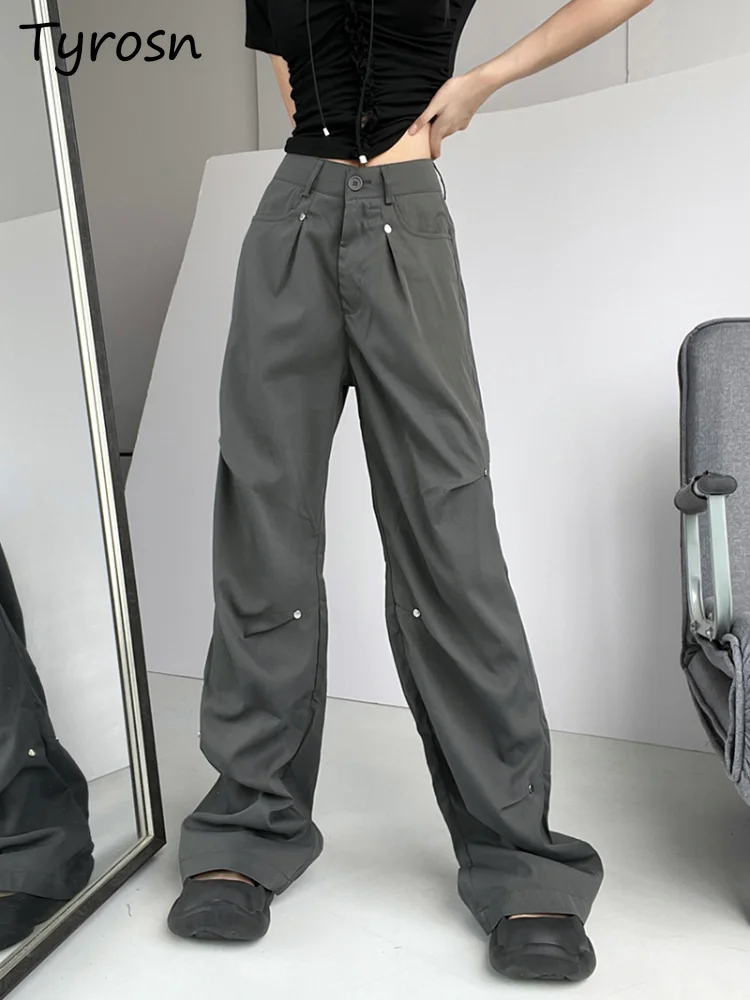 

Pants Women European Style Hot Girl Rivet Pleated Loose High Waist Workwear Trousers Summer Thin Floor-length OL Casual Street