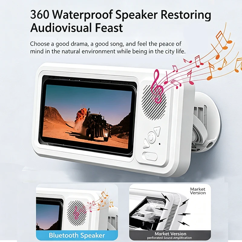 Neuer wasserdichter Bluetooth-Duschlautsprecher und Telefonständer für ein visuelles Genussserlebnis, IPX4-Badezimmer-Telefonständer in Weiß/Schwarz