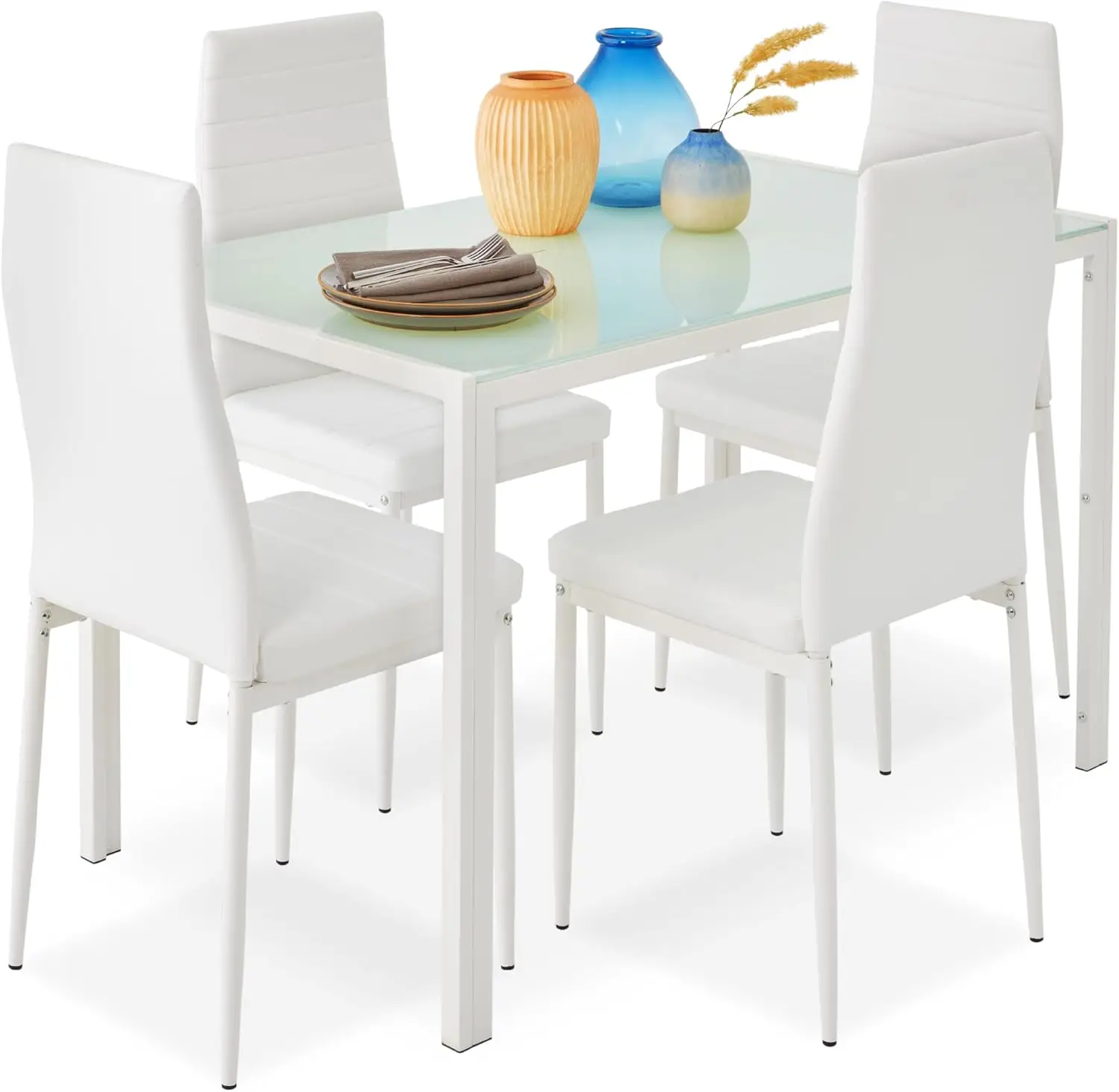 5-piece glass cutlery set, compact and space saving, with glass tabletop, 4 cushioned PU chairs, metal steel frame - white