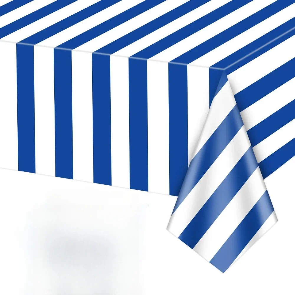 Nautical Blue White Striped Plastic Tablecloth Waterproof Rectangle Table Cover for Beach Party Kitchen Dining Decor 54x108 Inch
