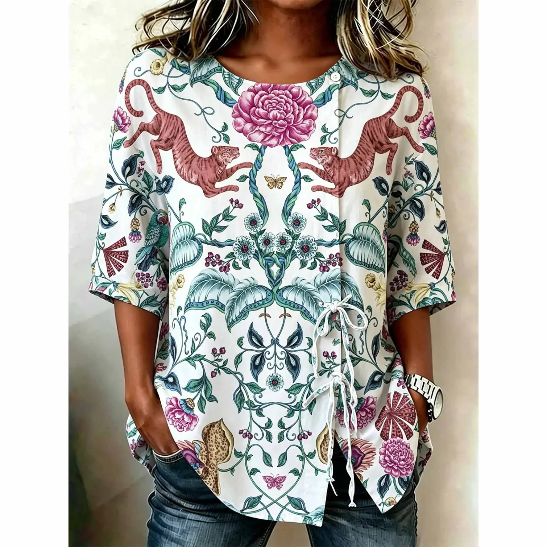 

Women Tiger Floral Side Tie Half Sleeve Blouse
