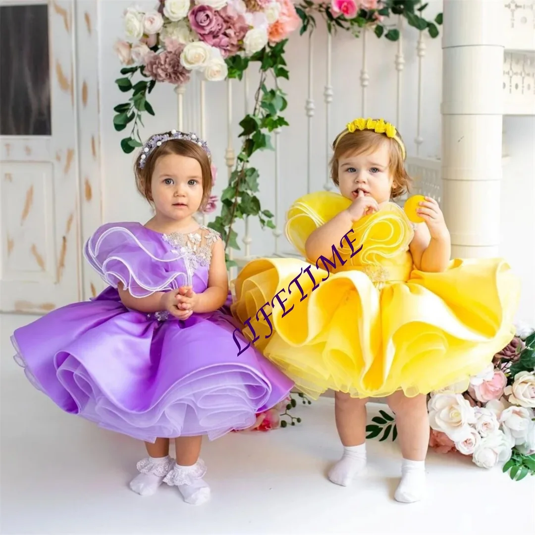 Customized Flower Girl Dress For Wedding Puffy Ruffles Green Knee Length With Bow First Communion Birthday Party Ball Gowns