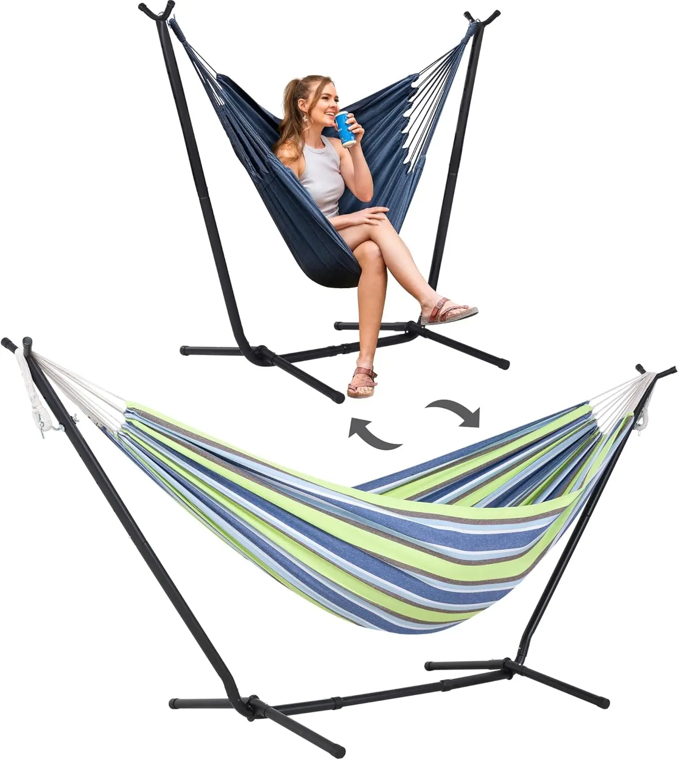 2-in-1 Convertible Backyard Fabric Hammock with Stand, Large Hammocks for Outside, Patented, Light Green Stripes