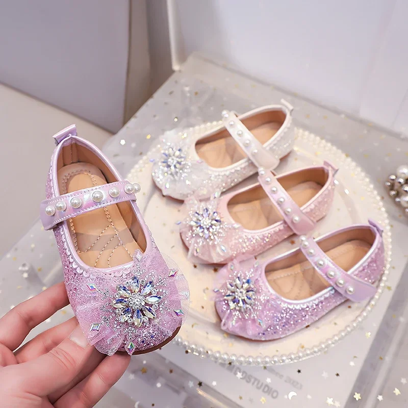 Mädchen Mary Jane Flache Schuhe Glitzer Prinzessinnen-Kleiderschuhe Tüll Strass Schneeflocken-Ornament, Perlen Ballett Hochzeit Mädchen Geburtstag – Detail 2