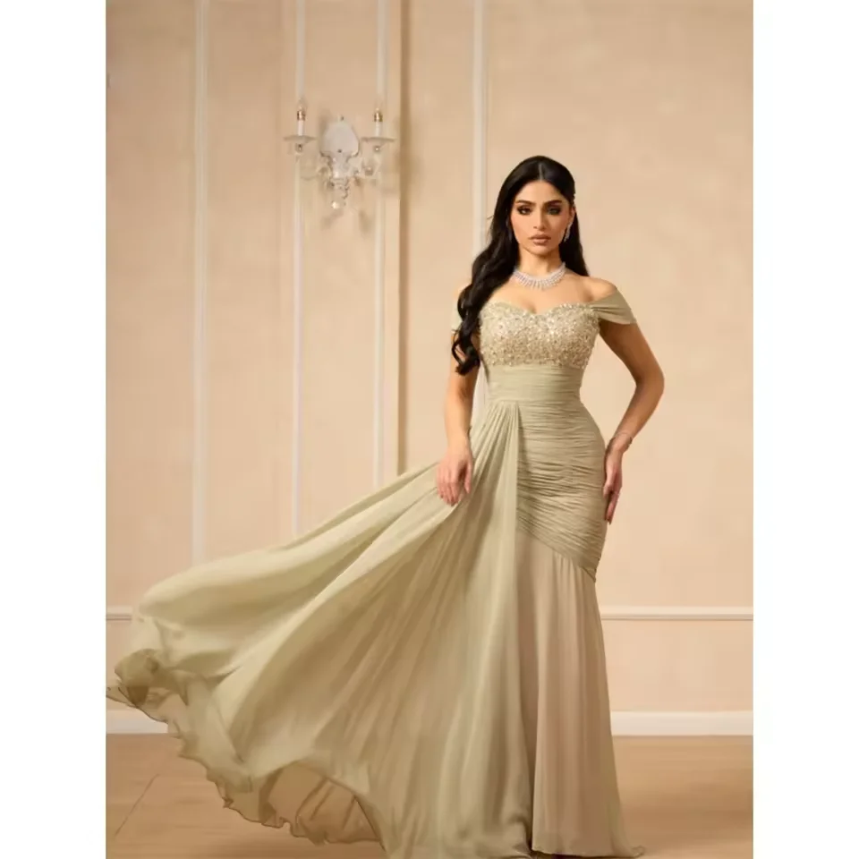 

Champagne Chiffon Evening Dresses Sparkling Off Shoulder Wedding guest dress Floor Length Customized Prom Dresses Women