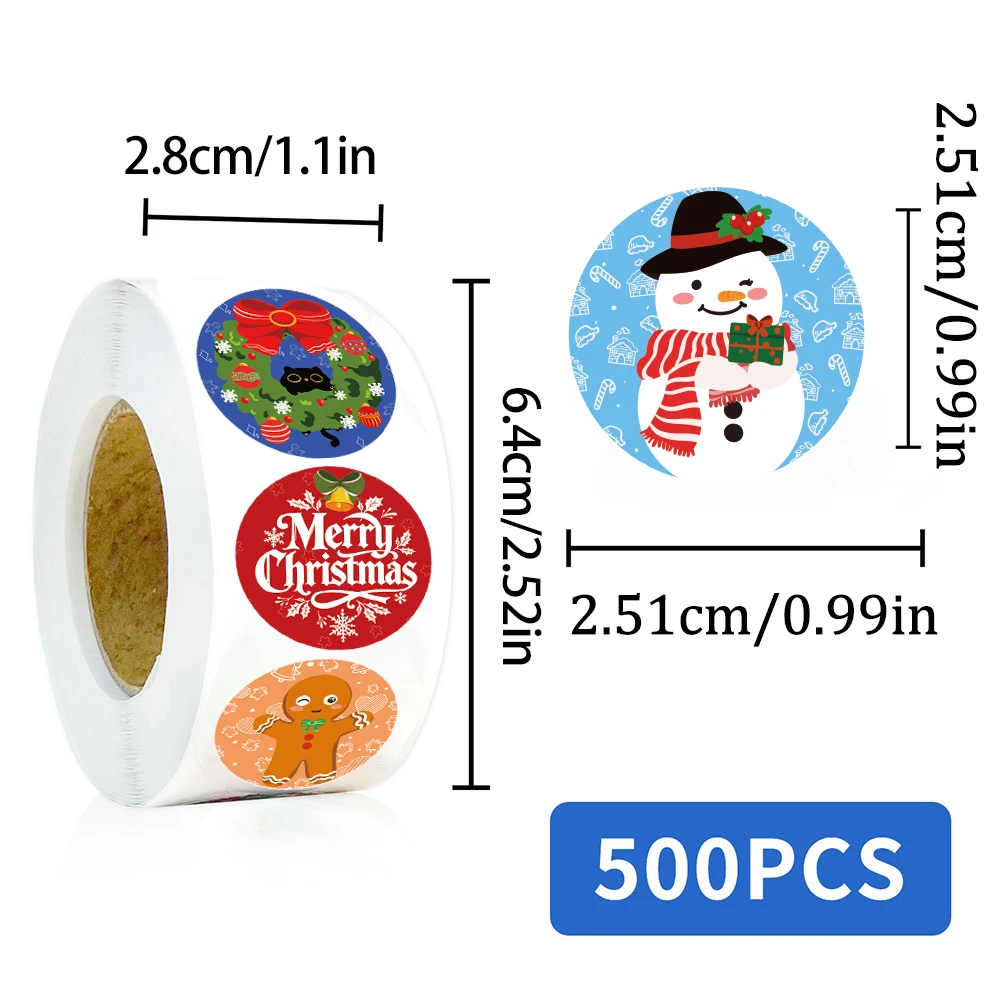 500PCS/Roll Cartoon Colorful Christmas Round Roll Stickers Santa Claus Christmas Tree Snowman Elk Gloves Celebrating Festival
