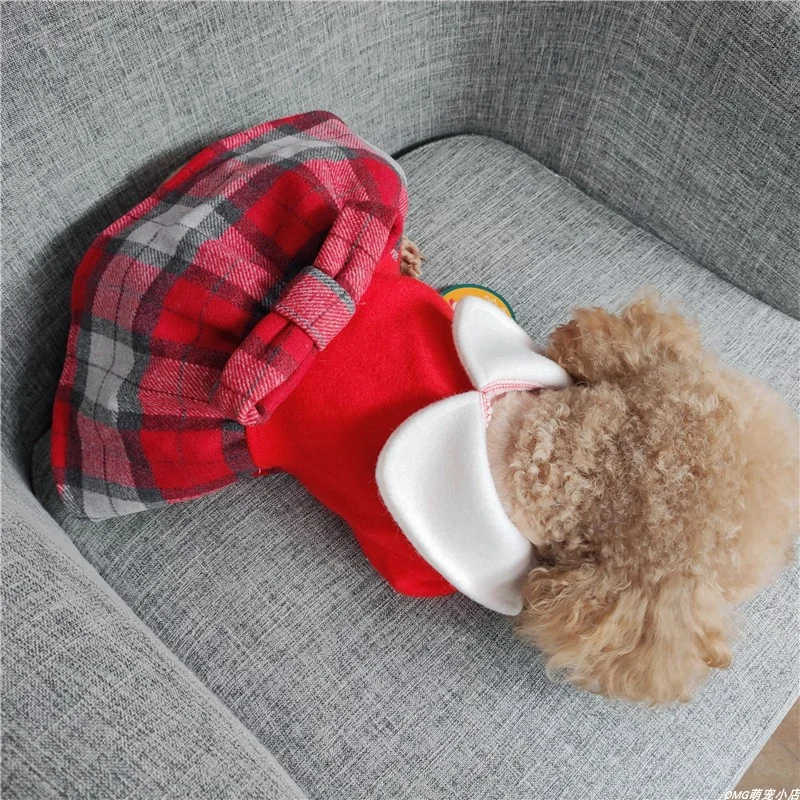 1PC Pet Clothes Cat Autumn and Winter Thickened Red Checkered Doll Neck Princess Dress Red Suitable for Small and Medium Dogs