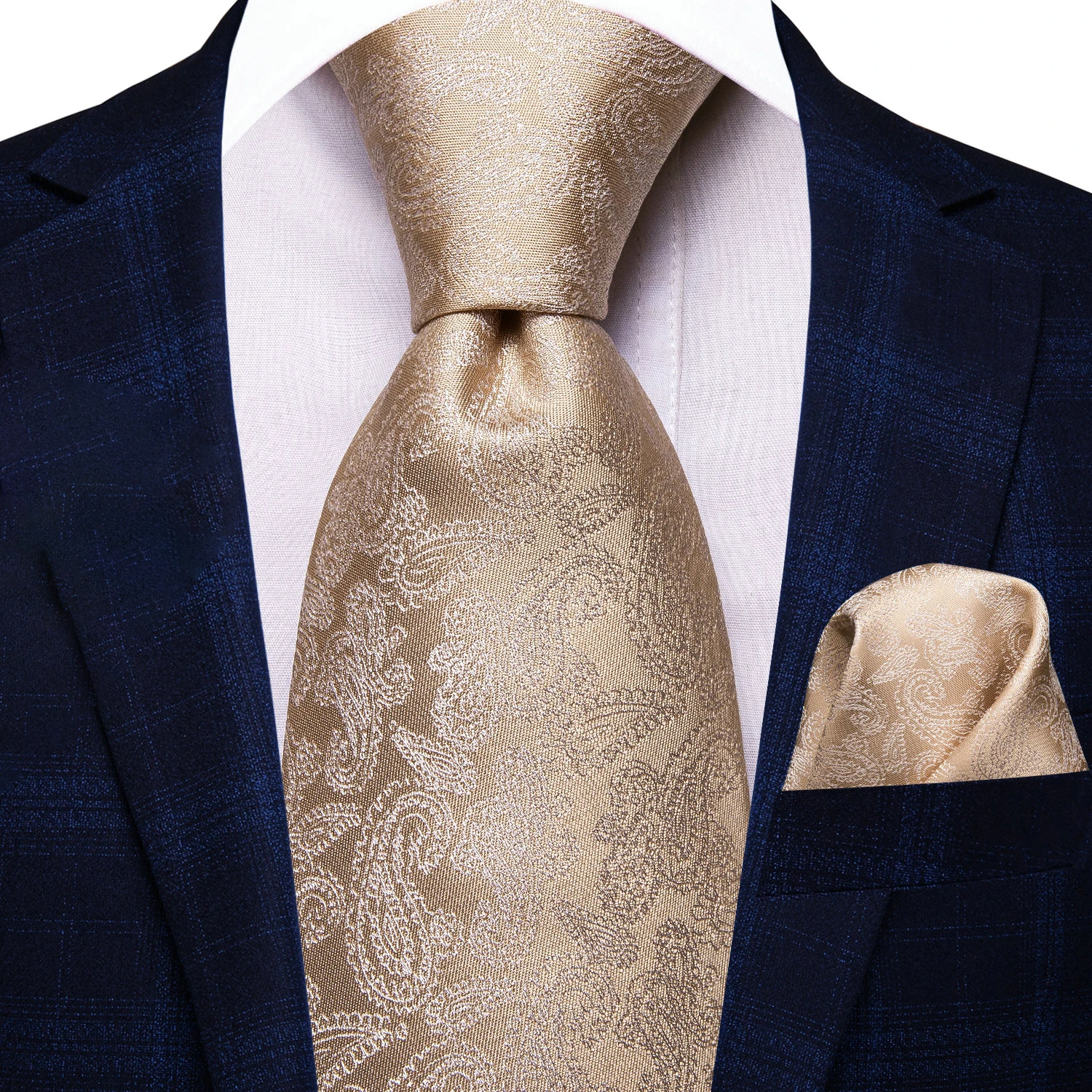 VERVEROW Men Champagne Paisley Necktie Pocket Square Set Formal Wedding Tie