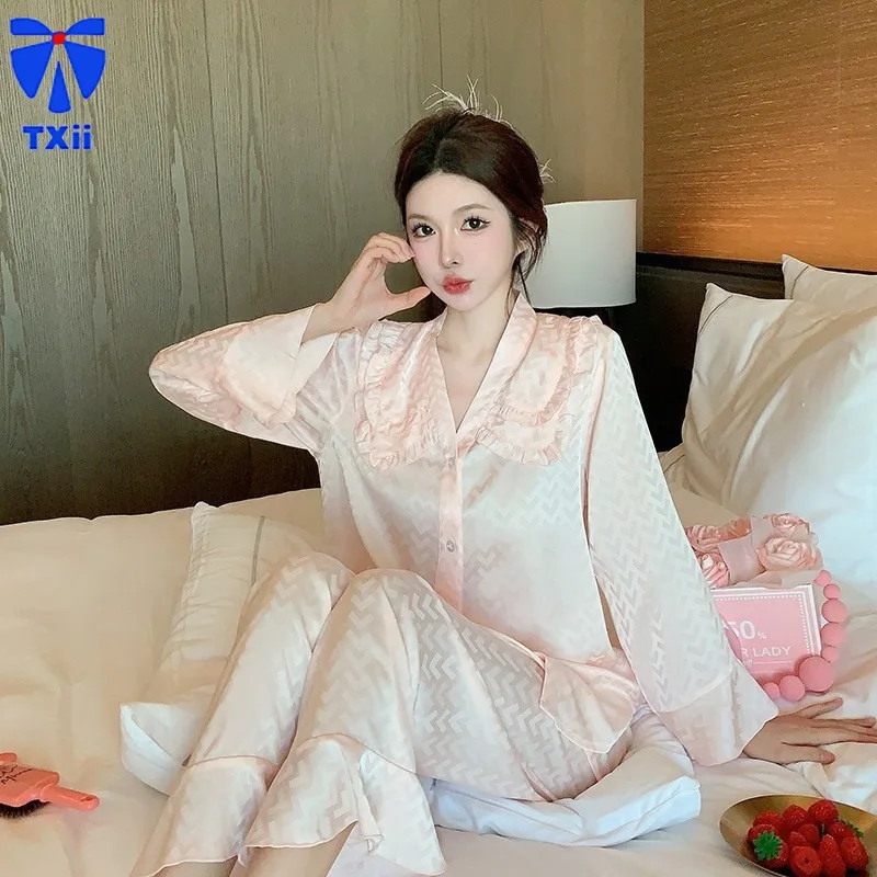 Spring and Autumn Ice Silk Long-sleeved Comfortable Thin Pajamas suit French High-end Outwear Home Clothes