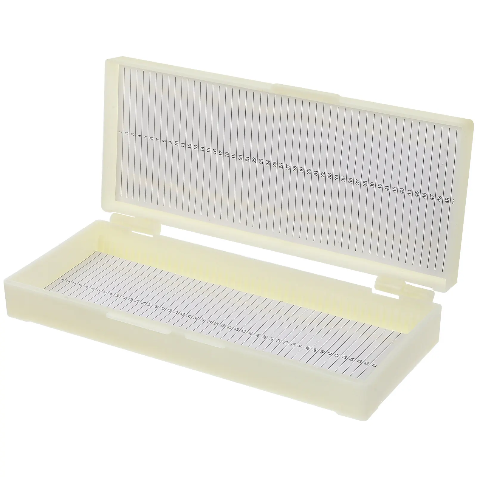 50-Slot Microscope Slide Storage Box with Numbered Slots, Top-Hinged Lid & Contents Sheet