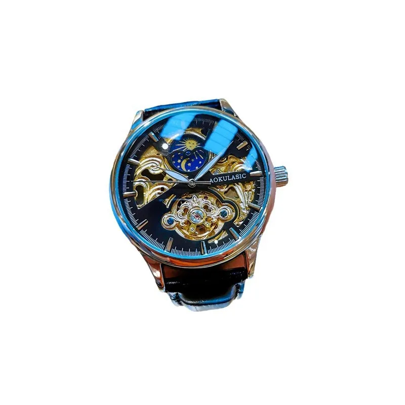 ساعة رجالية مجوفة من الأسفل ميكانيكية أوتوماتيكية بالكامل مرحلة القمر ساعة رجالية جلدية كاجوال #1