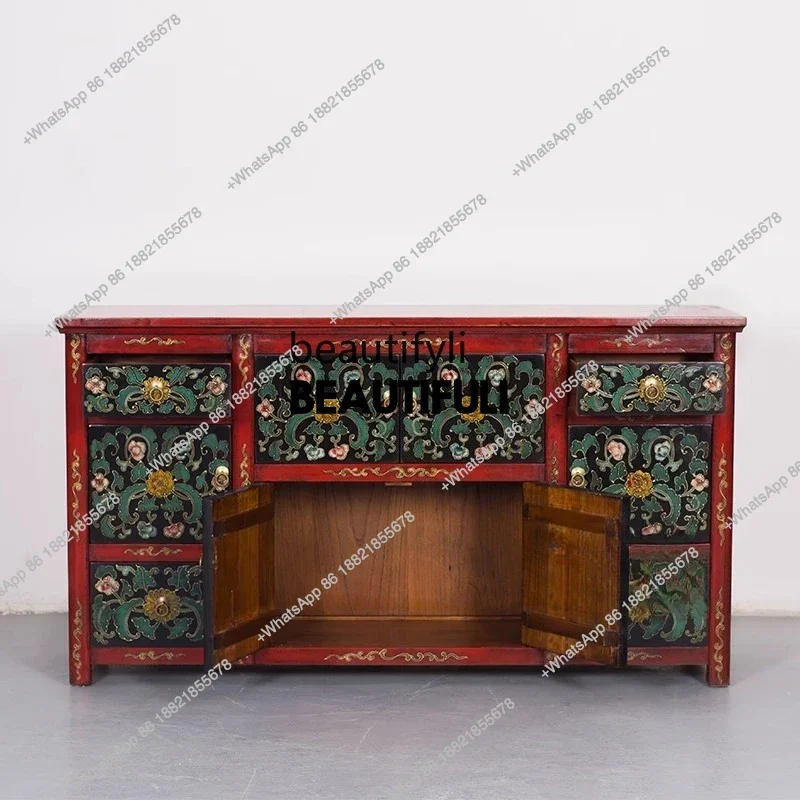 ss8350 Retro solid wood cabinet Chinese antique do old side cabinet old elm hand-painted Tibetan painting, locker