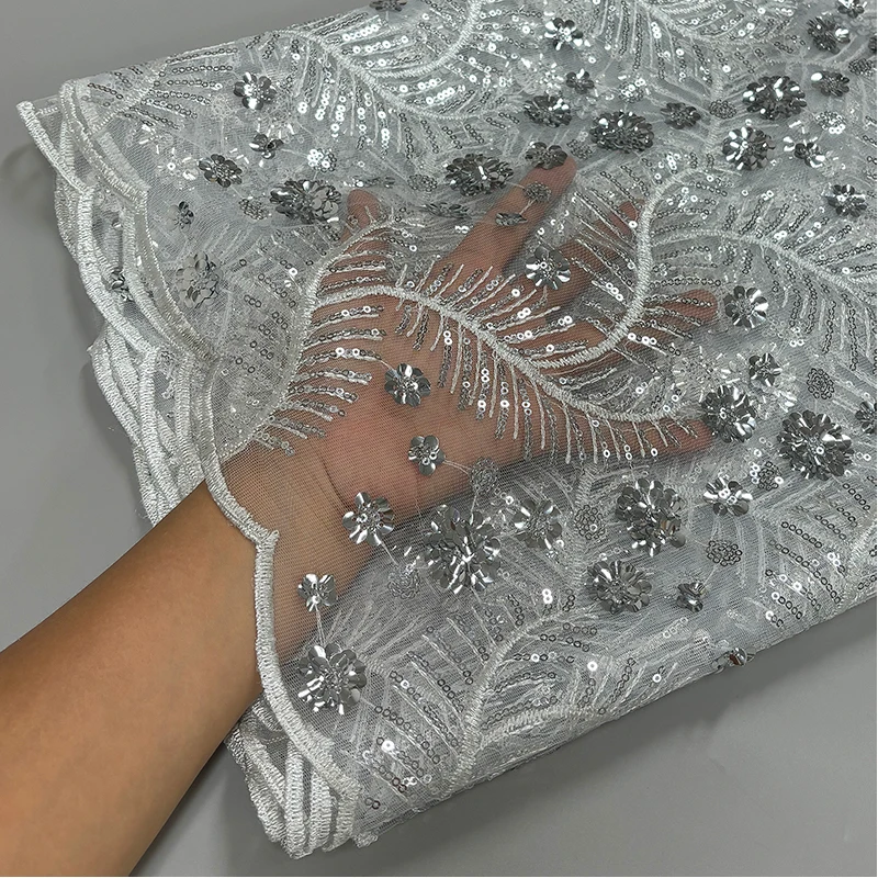 Tela de encaje de lentejuelas nigerianas de lujo 2025, tela de encaje de malla africana de alta calidad, encaje de tul francés para vestido, 1 yarda
