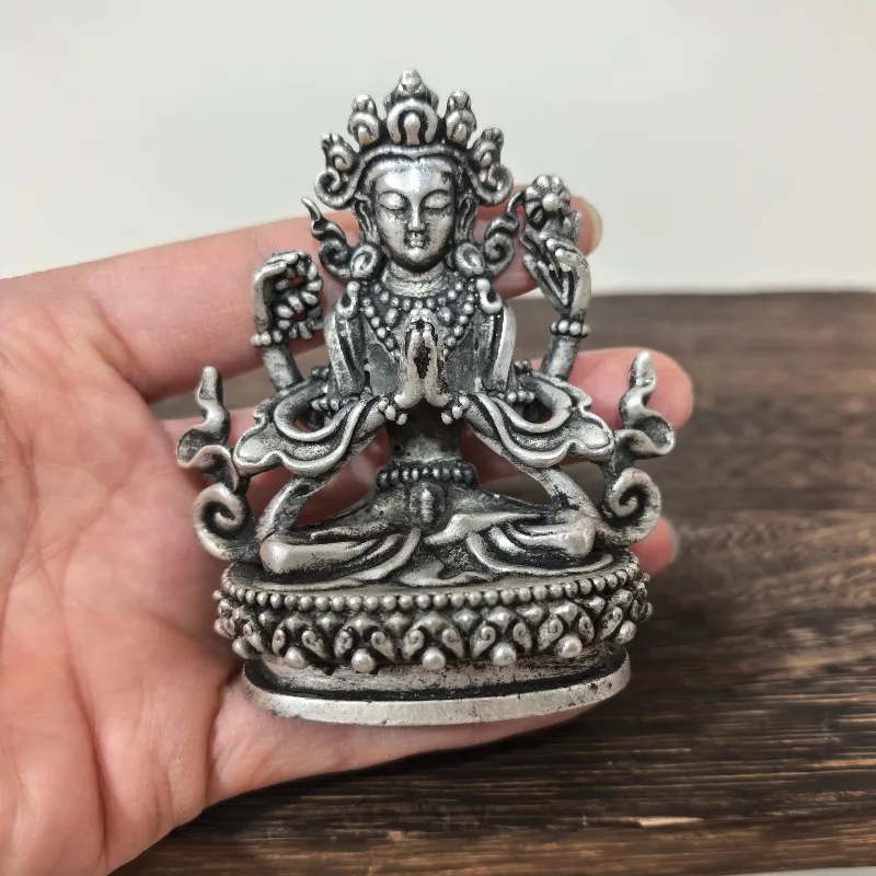 Retro Four‑Armed Avalokitesvara Statue Vintage Silver‑Plated Tibetan Buddha Figurine Desktop Ornament Altar Decor Craft Gift