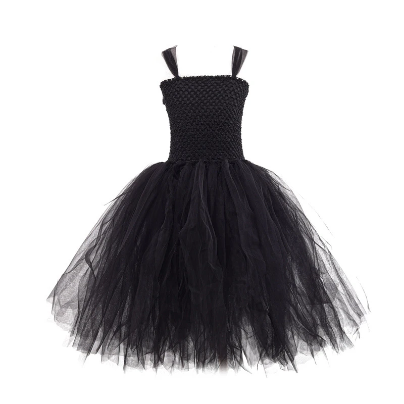 Mädchen Kostüm Dunkle Gefallene Engel-Königin, Spitzen-Tüllkleid, Horn-Stirnband, Federflügel, Zepter, Halloween-Karneval-Kinder-Cosplay-Outfit – Detail 2